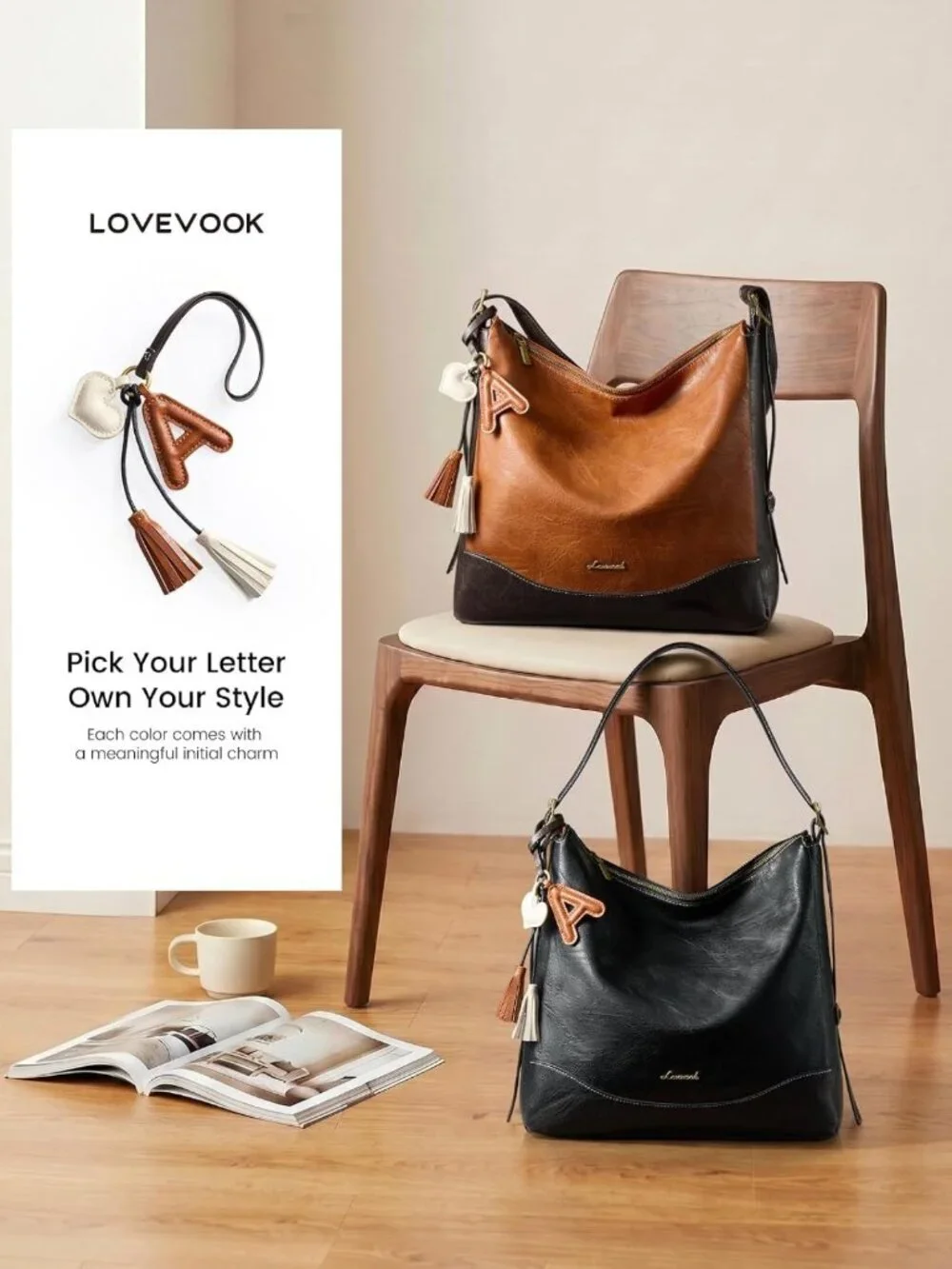 Stylish Hobo Bag for Women with Initial Charm, Soft Crossbody Handbag & Cup